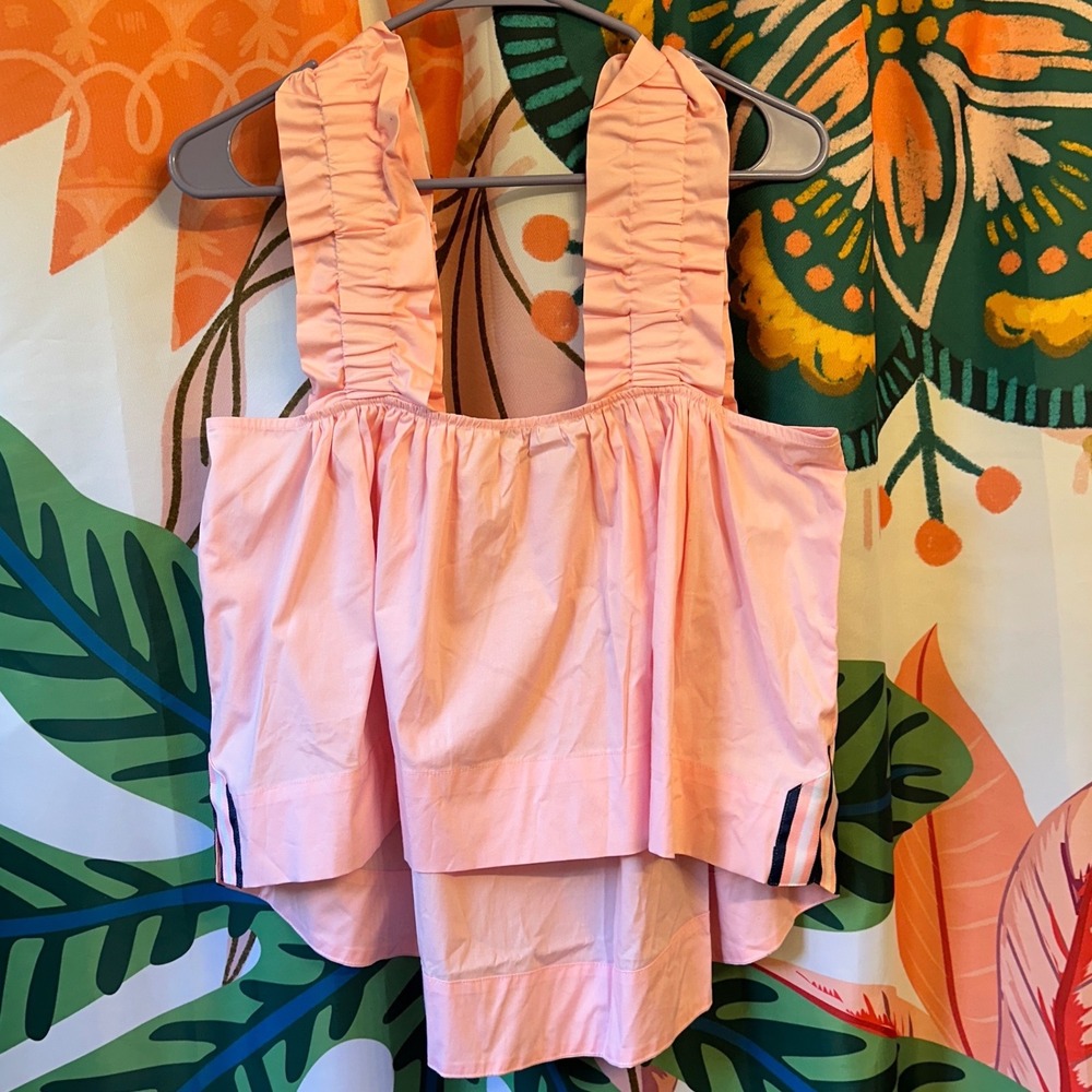 Quiet Culture Take Pause Ruffle Strap Top Pink Petal Navy Ribbon Trim Size M NWT